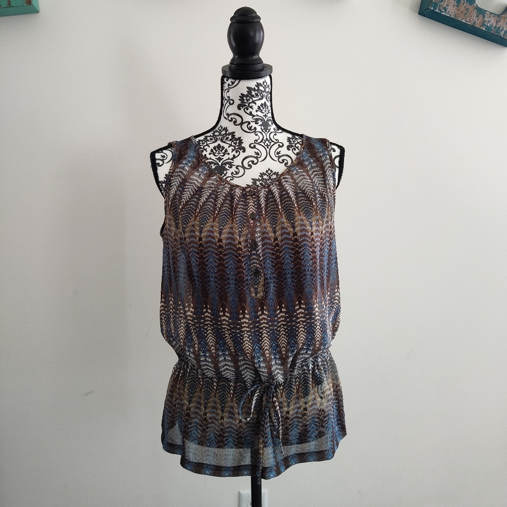 Liz Claiborne Sheer Layered Boho Patterned Cinch Waist Tank Blouse